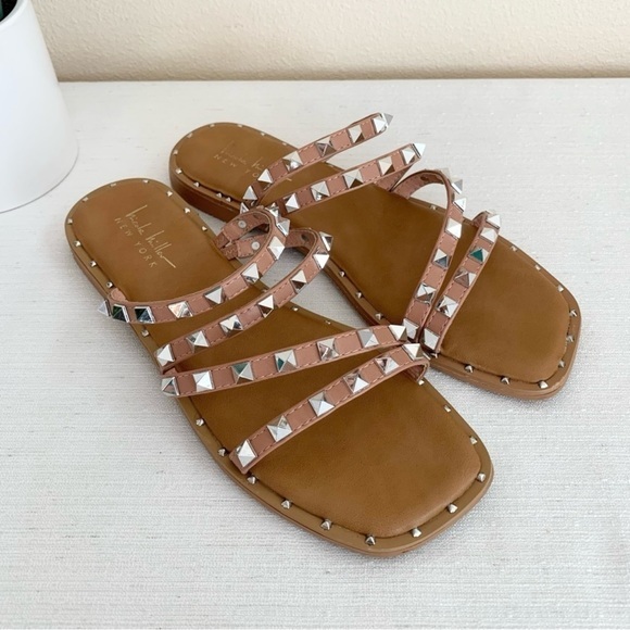 Nicole Miller Coralinne Strappy Sandals- Dusty Pink Studded Square Toe Sandal - Picture 1 of 4